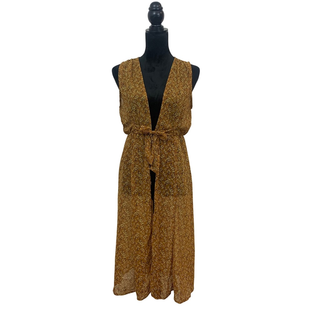 Liberty Love Women's S Boho Floral Duster Vest Mustard Yellow Sheer Tie Front - Picture 1 of 8